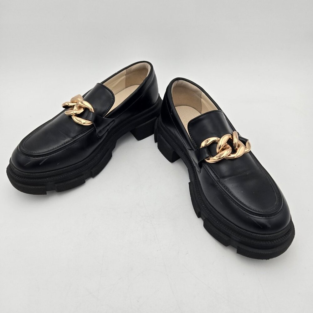 Yetier Platform Womens‎ Loafer Black Gold Chain Slip On Round Toe Chunky Shoes 7